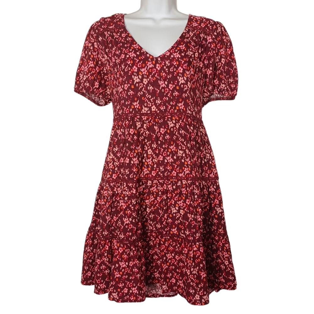WILD FABLE Opulent Red Pink Floral Print Peasant Shift Dress Medium NWT
